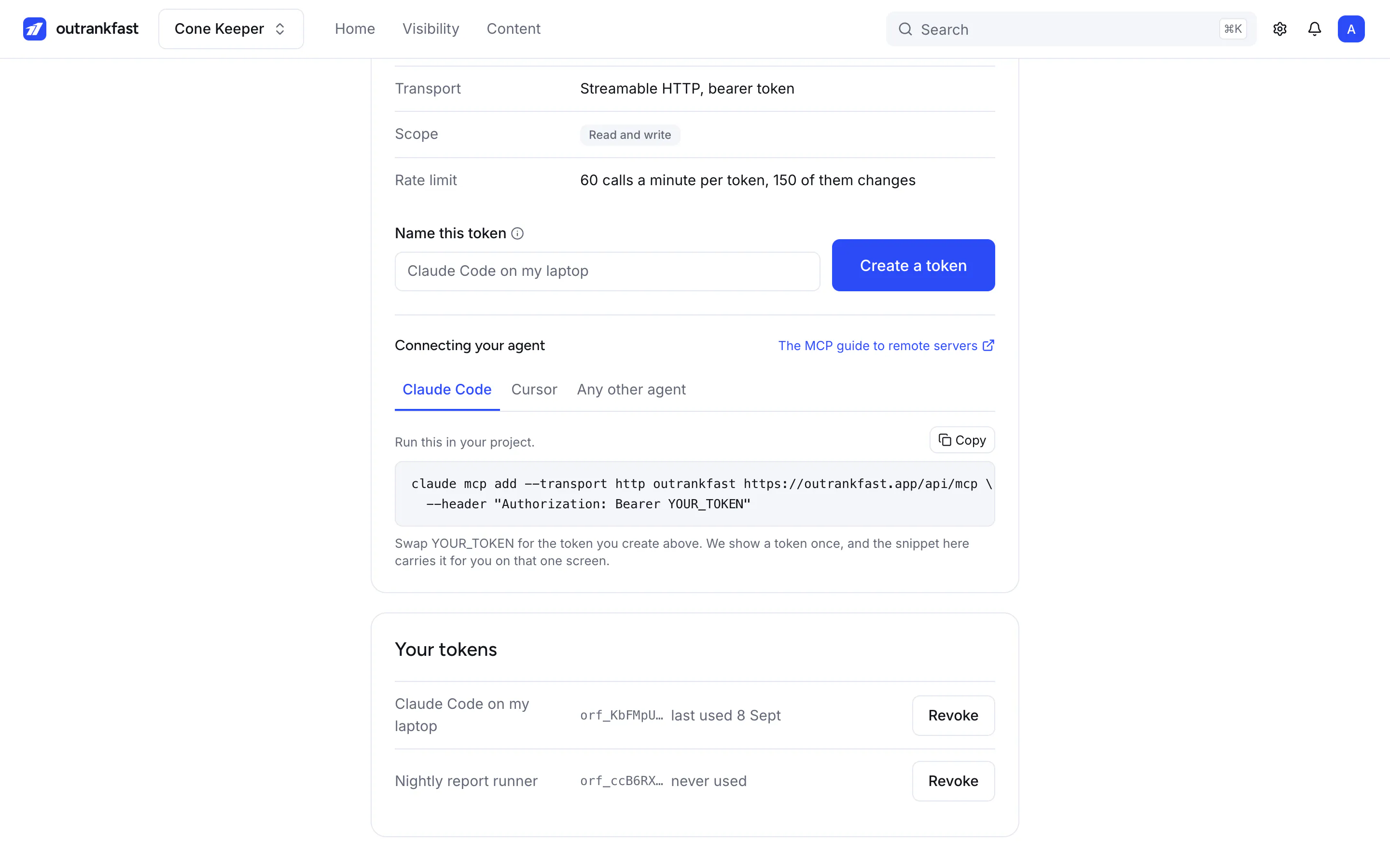 The agent access panel, listing tokens with the agent each one belongs to and when it was last used.