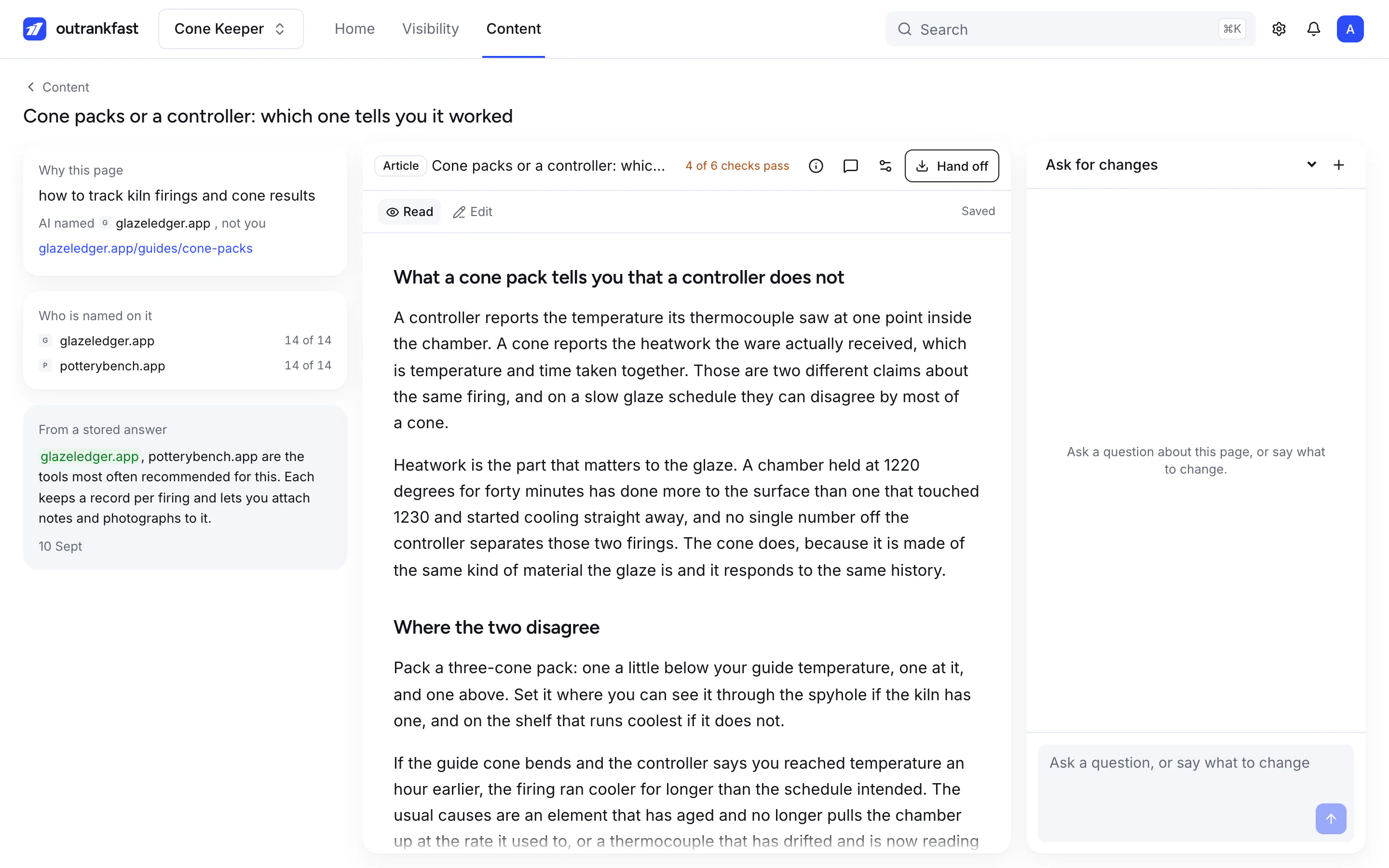 A finished draft, with the prompt it answers beside it and the handoff menu in its header.